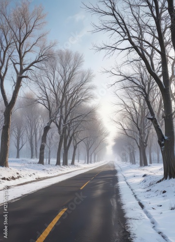 Snowy landscape with bare trees and empty road,  frozen lake,  snowfall