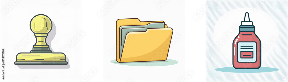 A golden stamp, yellow folder, and red glue bottle icons are depicted on a white backdrop. These represent office or stationery supplies. A golden stamp, yellow folder, and red glue bottle icons are depicted on a white backdrop. These represent office or stationery supplies.