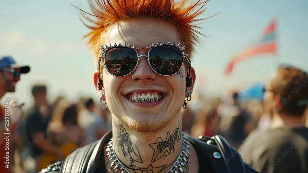 A vibrant young punk with a mohawk enjoys the music festival, celebrating youth culture with tattoos and piercings in style.