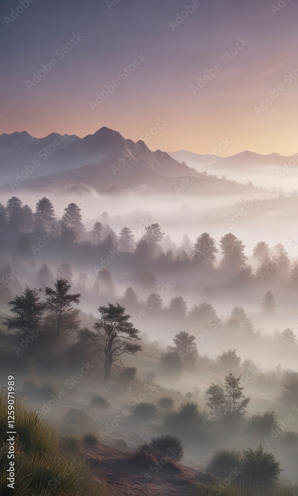 Obraz premium Soft focus misty landscape at dawn with gentle fog rolling in, landscape, dawn