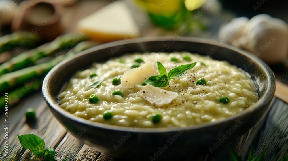 Traditional Italian risotto with asparagus and Parmesan cheese. Featuring a creamy and savory dish. Highlighting the texture and flavors of the risotto. Ideal for food and gourmet themes. Traditional Italian risotto with asparagus and Parmesan cheese. Featuring a creamy and savory dish. Highlighting the texture and flavors of the risotto. Ideal for food and gourmet themes.