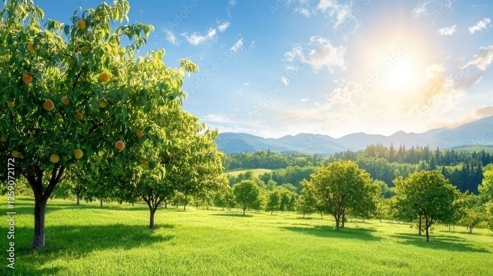 Lush Orchard With Fruit Trees Under Bright Sunlight and Blue Sky Lush Orchard With Fruit Trees Under Bright Sunlight and Blue Sky
