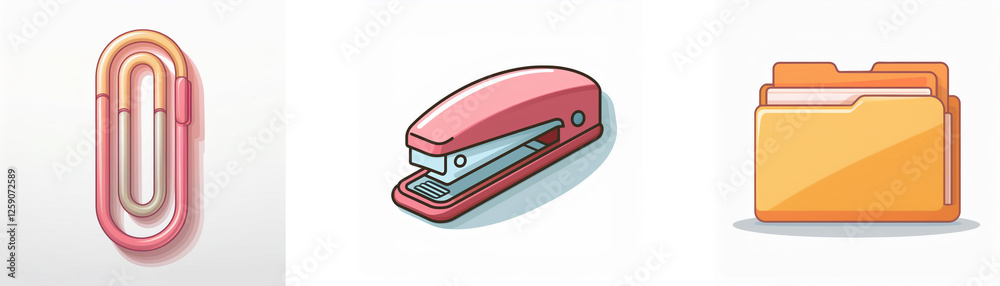Three office icons are displayed: a pink paperclip, a stapler, and an orange folder. These represent common stationery items. Three office icons are displayed: a pink paperclip, a stapler, and an orange folder. These represent common stationery items.