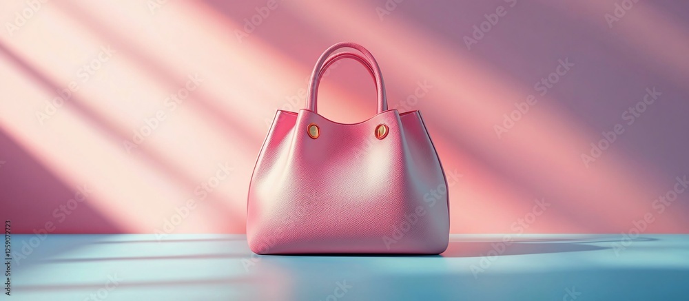Obraz premium Elegant pink handbag placed on a blue surface with soft shadows against a pastel background