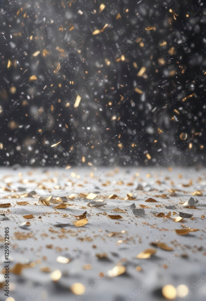 Sparkling starry confetti in shimmering silver and gold hues floating gently across a snowy winter background, festive season, snowflakes Sparkling starry confetti in shimmering silver and gold hues floating gently across a snowy winter background, festive season, snowflakes