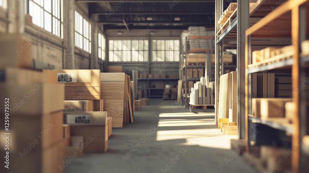 Blurry Image of a Storehouse with Large Boxes, Wooden Panels, and Construction Supplies, Featuring a Busy and Organized Inventory Area with Aisles and Shelving Units in the Background Blurry Image of a Storehouse with Large Boxes, Wooden Panels, and Construction Supplies, Featuring a Busy and Organized Inventory Area with Aisles and Shelving Units in the Background
