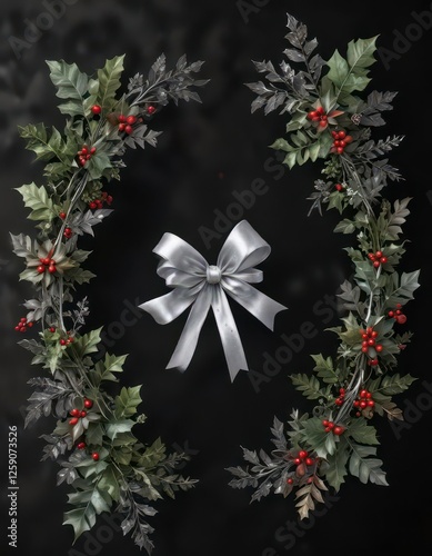 Swirl ribbons on black background with silver stars and holly leaves, black,  swirly
