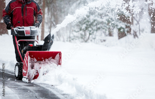 A person operating a snow blower to clear a driveway