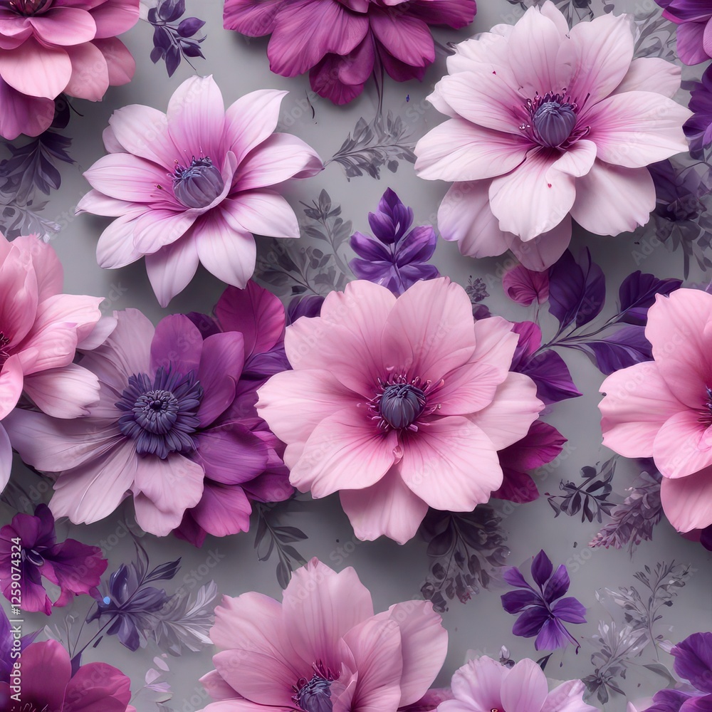 Vibrant floral patterns in shades of pink and purple on a pale gray background , pastel, vibrant Vibrant floral patterns in shades of pink and purple on a pale gray background , pastel, vibrant