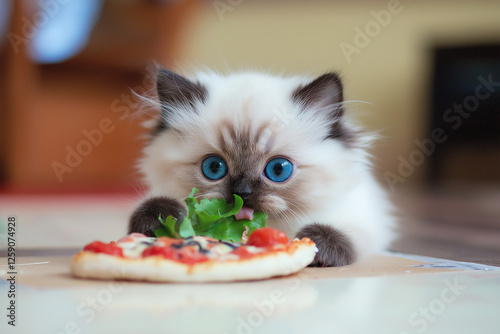 Adorable ragdoll kitten with blue-eyed fluffy coat enjoying pizza on a playful afternoon