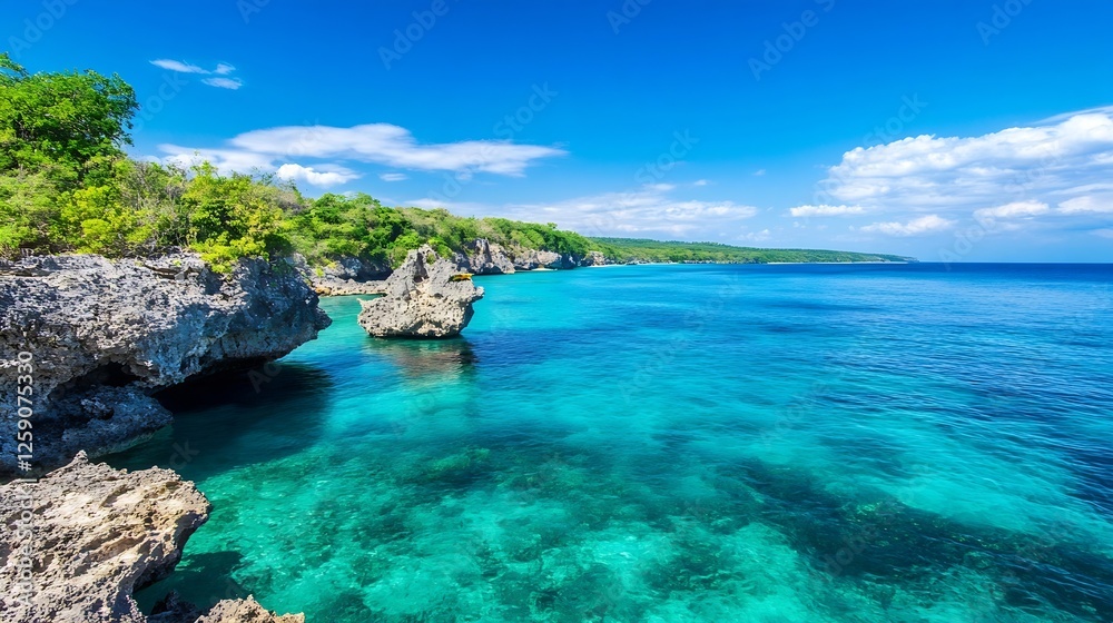 Breathtaking Tropical Coastline with Crystal Clear Water and Rocky Cliffs Under a Bright Blue Sky : Generative AI Breathtaking Tropical Coastline with Crystal Clear Water and Rocky Cliffs Under a Bright Blue Sky : Generative AI