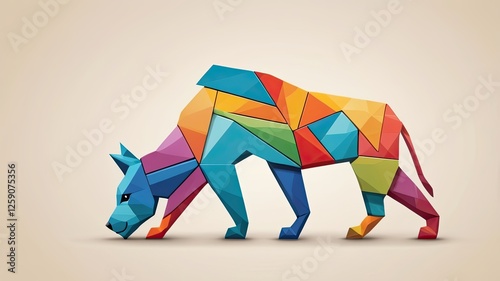 A striking abstract dog is crafted from colorful geometric shapes showcasing vibrant hues of blue red yellow and green photo