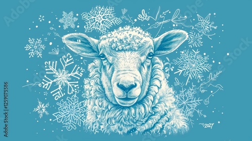 A detailed monochrome digital illustration of a sheep in cool blue hues, surrounded by snowflakes and the year 2027, creating a serene and wintry atmosphere. AI generated.