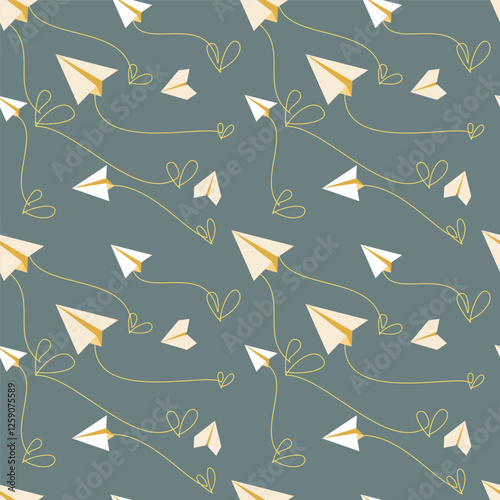 Pattern of paper planes. Seamless vector pattern with white paper airplanes, origami, love notes on green background .Line drawing of hearts.