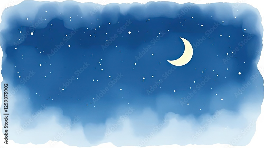 Naklejka premium Serene Night Sky Watercolor Crescent Moon and Stars Background