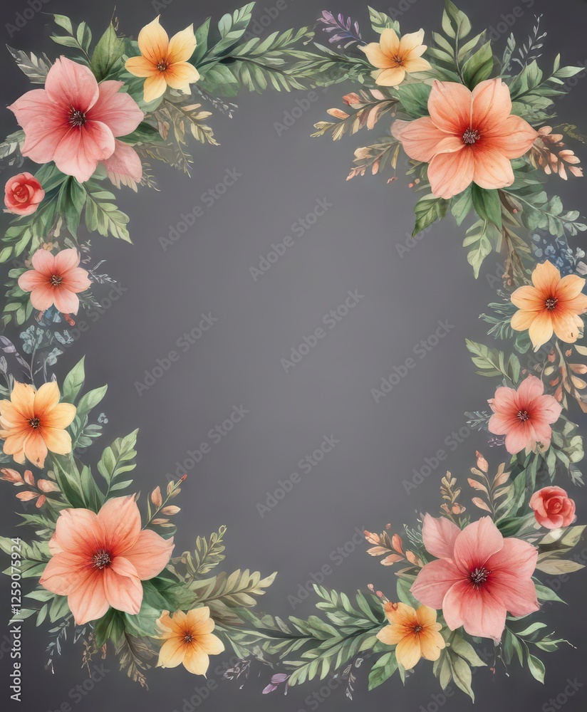 Fototapeta premium Watercolor floral garland with leaves and stems, foliage, stems