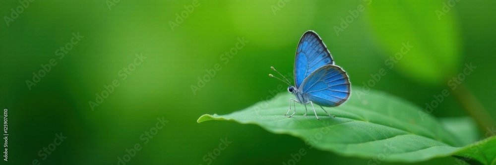 Blue butterfly perched on a leaf with soft, blended edges on a green background, botanical, butterfly on leaf, natural Blue butterfly perched on a leaf with soft, blended edges on a green background, botanical, butterfly on leaf, natural