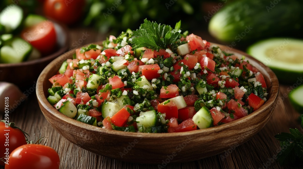Traditional Lebanese tabbouleh with tomatoes and cucumbers. Featuring a fresh and vibrant dish. Highlighting the texture and flavors of the tabbouleh. Ideal for food and cultural themes. Traditional Lebanese tabbouleh with tomatoes and cucumbers. Featuring a fresh and vibrant dish. Highlighting the texture and flavors of the tabbouleh. Ideal for food and cultural themes.
