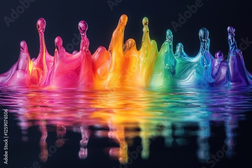 Bright rainbow reflections of liquid on a black background with surrealistic smooth movement. photo