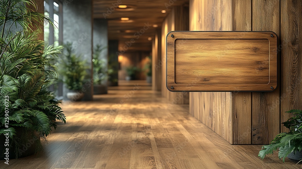 Wooden Sign in Modern Lobby with Plants Wooden Sign in Modern Lobby with Plants