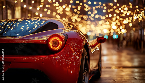 Sleek red sports car on urban street with festive lights in the evening photo