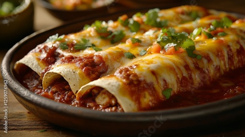 Traditional Mexican enchiladas with cheese and salsa. Featuring a spicy and cheesy dish. Highlighting the texture and flavors of the enchiladas. Ideal for food and cultural themes. photo