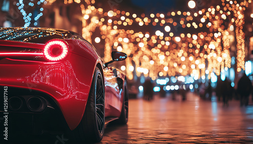 Sleek red sports car on urban street with festive lights in the evening photo