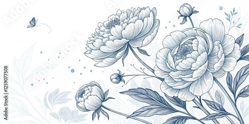 Fototapeta Naklejka Na Ścianę i Meble -  Blue Peony Floral Line Art Composition Elegant Botanical Illustration, Peonies, Butterfly, White Background, Floral Design Floral art, Botanical illustration