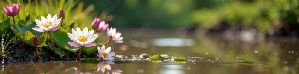 Blooming flowers in a muddy pond , mud, ecosystem, organic exposure Blooming flowers in a muddy pond , mud, ecosystem, organic exposure