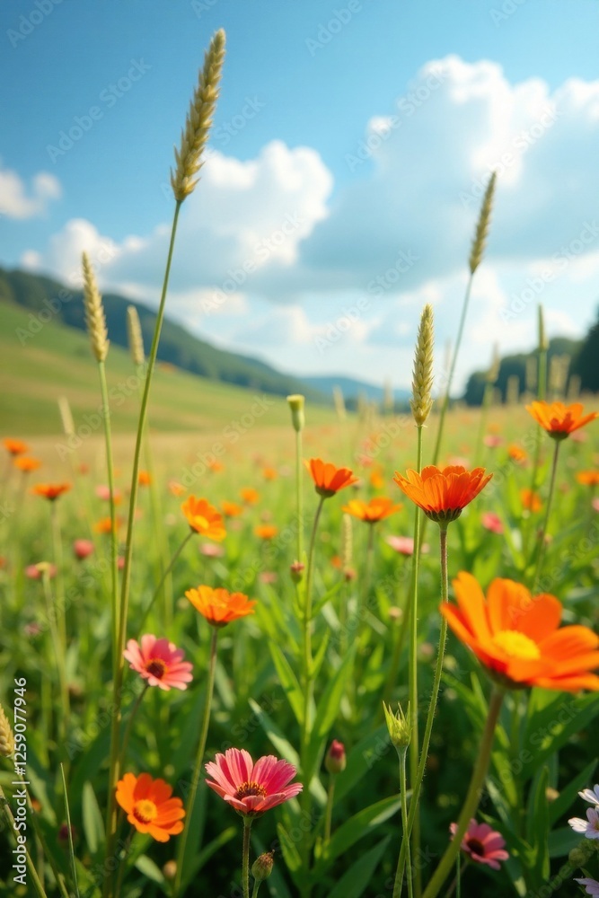 Blooming wildflowers in a field of tall grasses, tall grasses, organic, blooms Blooming wildflowers in a field of tall grasses, tall grasses, organic, blooms