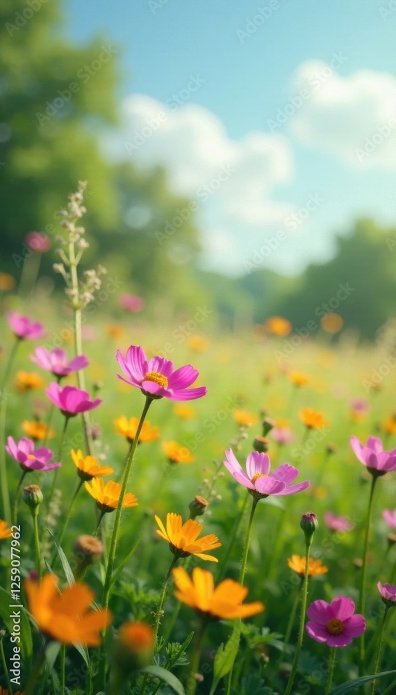Blooming wildflowers in a meadow with gentle breeze , wildflowers, outdoors, nature Blooming wildflowers in a meadow with gentle breeze , wildflowers, outdoors, nature