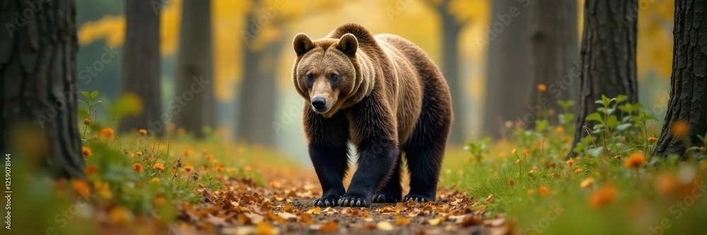 Brown bear walking through trees , trees, wilderness, woodland Brown bear walking through trees , trees, wilderness, woodland