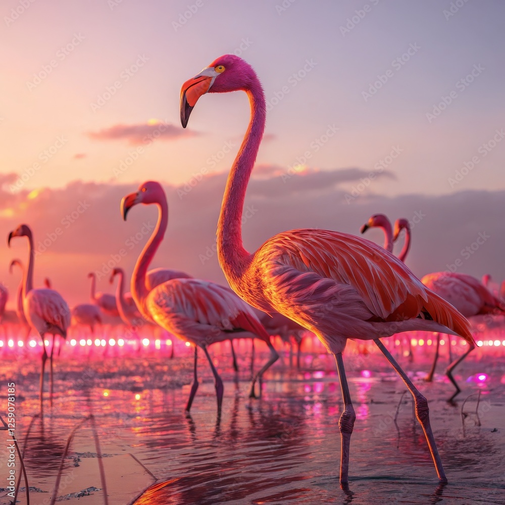 Naklejka premium Flamingos at Sunset Digital Painting, Pink Hues, Flock Composition, Nature Scene. Flamingo, Digital Art