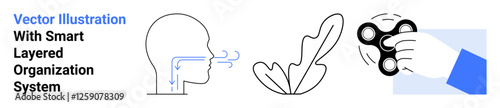 Human head exhaling air, sprouting leaf representing nature, and a hand spinning a fidget spinner. Ideal for health, mindfulness, relaxation, environment, innovation, education flat landing page