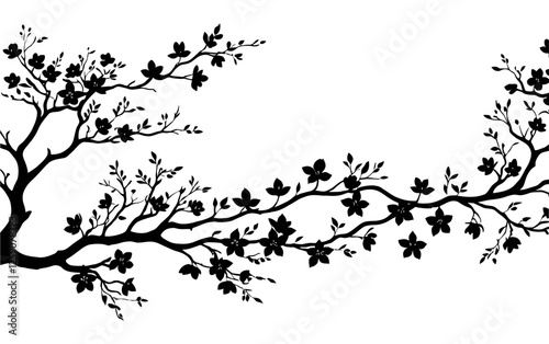 Black Sakura Branch Silhouette Against White Background