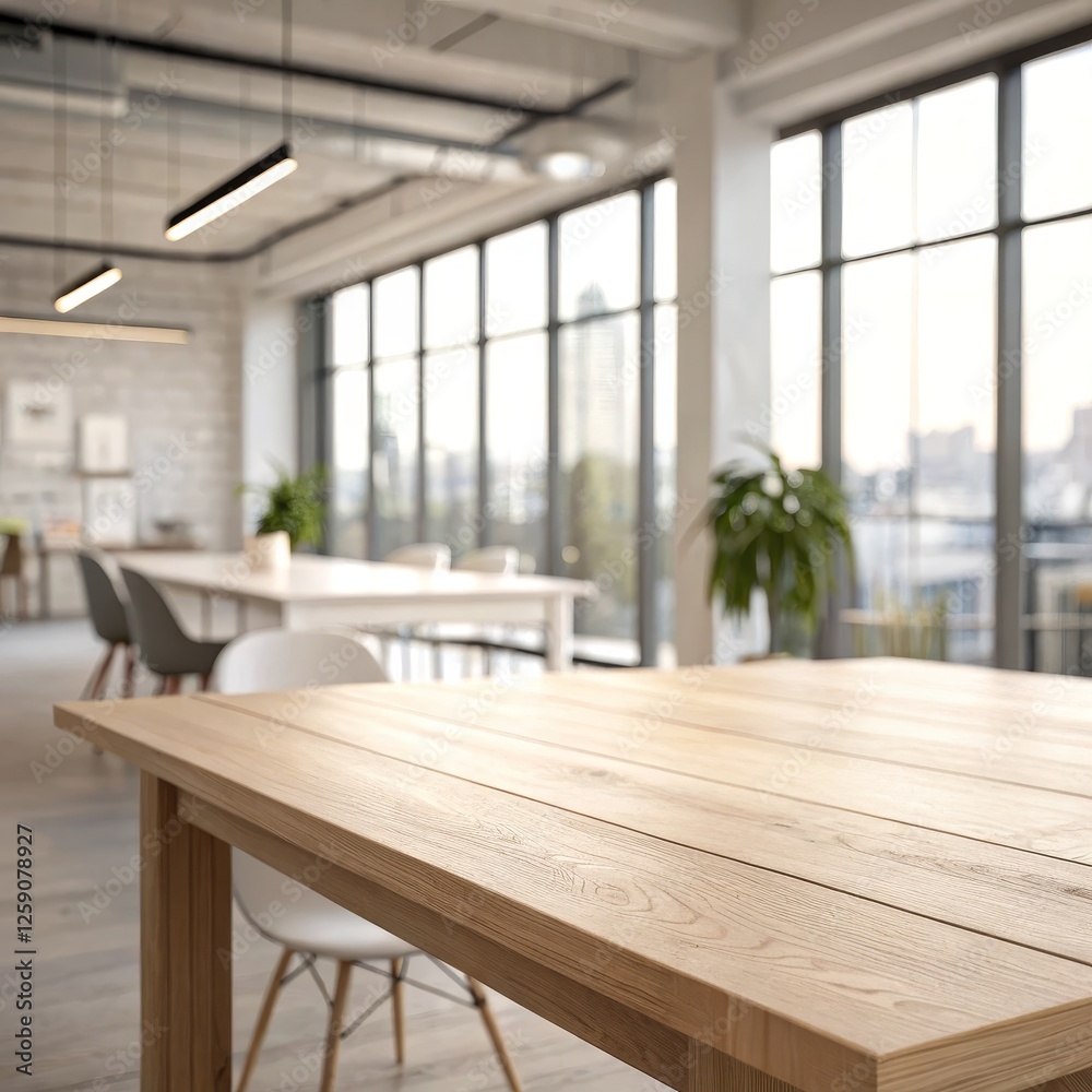 Fototapeta premium Light Wood Table in Modern Office, Close-up, Minimalist Design, Interior Design, Workspace, Modern Office Office Interior, Tabletop Photography