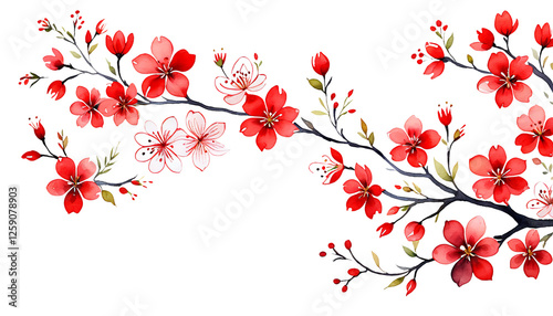 Red Cherry Blossom Branch Watercolor Painting Against White Background