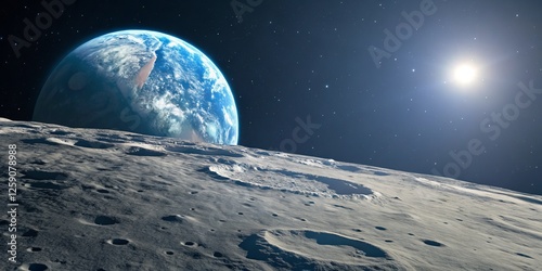 Lunar Landscape Earthrise Composition, Cratered Surface, Celestial View, Space Exploration, Space Art Space, Astronomy
