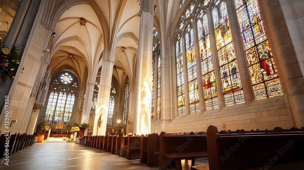 Fototapeta premium Gorgeous Interior of a Historic Church with Sunlight Streaming Through Stained Glass Windows : Generative AI