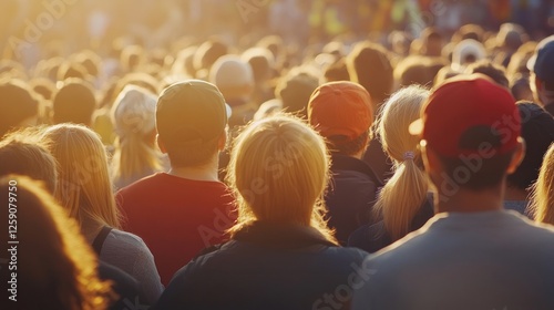 Crowd of People Gathered Together in Warm Sunlight Back View