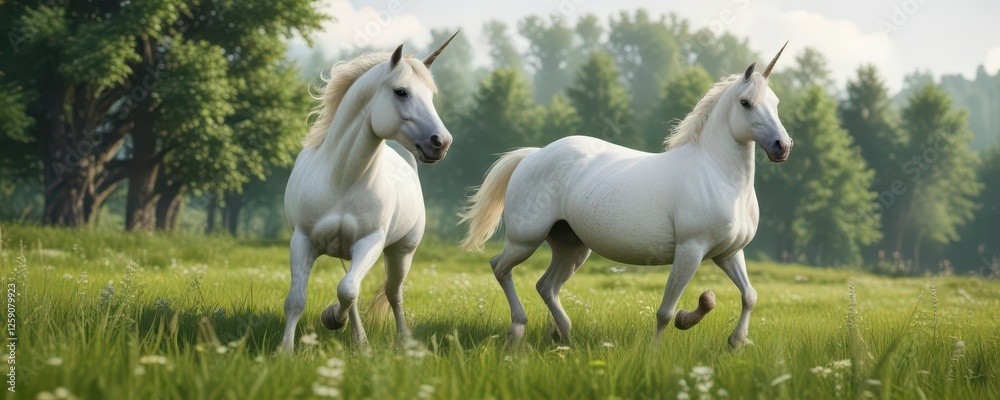 White unicorn stallion galloping freely in a green meadow, wild, horse White unicorn stallion galloping freely in a green meadow, wild, horse