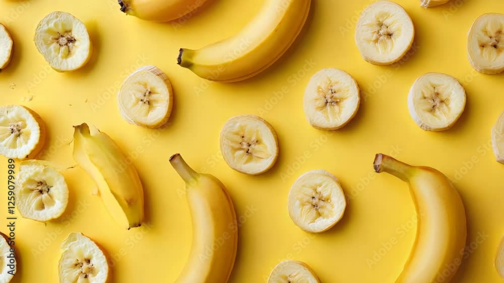 A playful background of banana slices scattered in a random pattern on a bright yellow surface, with whole bananas interspersed.