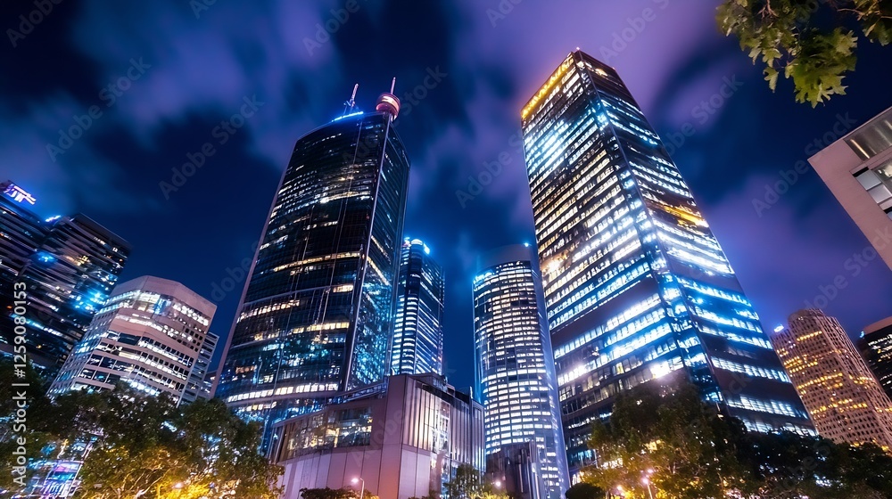 Obraz premium Stunning Night View of Modern City Skyline with Towering Skyscrapers and Vibrant Lights : Generative AI
