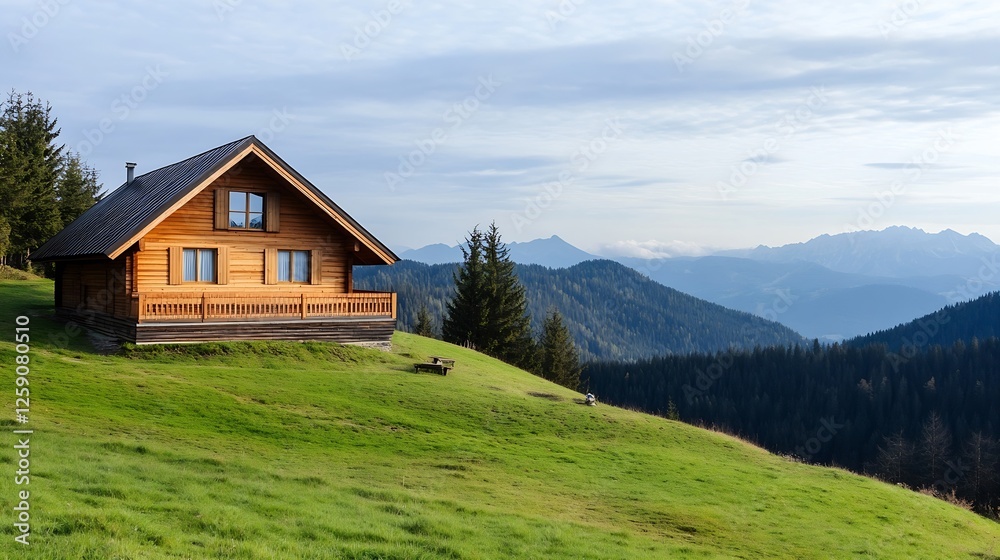 Charming Wooden Cabin Nestled in a Serene Mountain Landscape Under Blue Sky : Generative AI Charming Wooden Cabin Nestled in a Serene Mountain Landscape Under Blue Sky : Generative AI