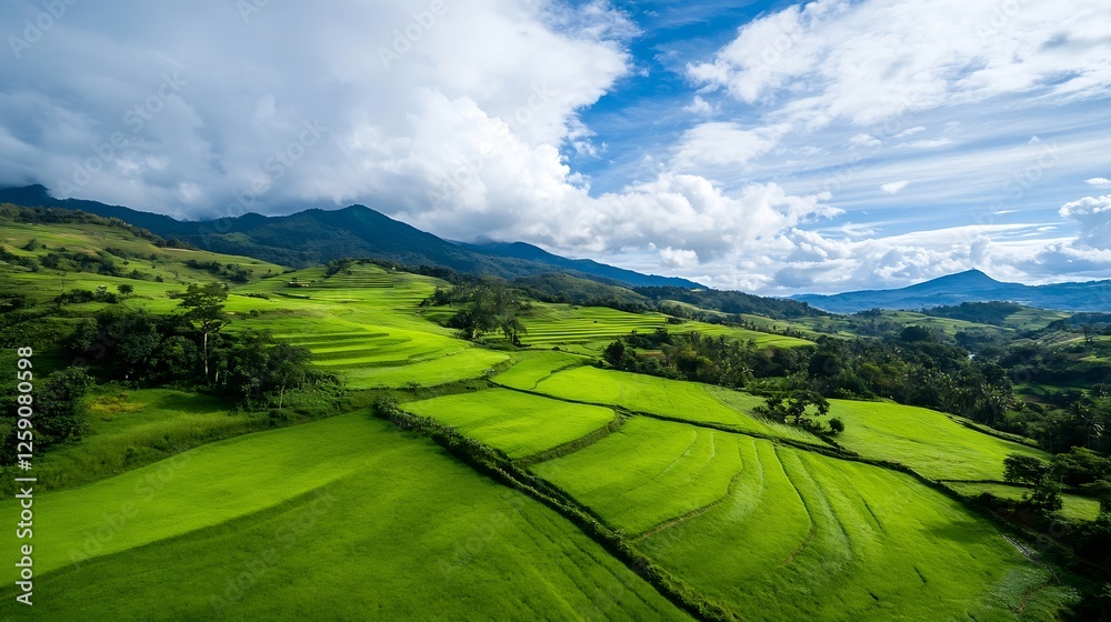Fototapeta premium Vibrant green terraced rice fields under a blue sky with dramatic cloud formations in the background : Generative AI