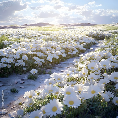 A breathtaking field of white daisies stretches under a bright sky, illuminated by the gentle sunlight, creating a serene and peaceful atmosphere in nature.