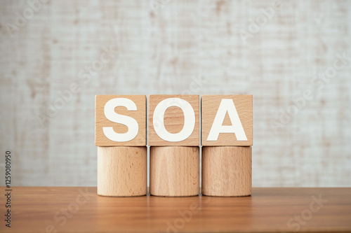 There is wood cube with the word SOA. It is an abbreviation for Service Oriented Architecture as eye-catching image. photo