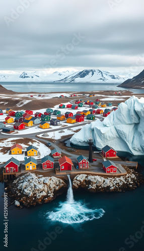 Panoramic view of colorful Kulusuk village in East Greenland - Kulusuk, Greenland - Melting of a iceberg and pouring water into the sea, dramatic. with white shades photo