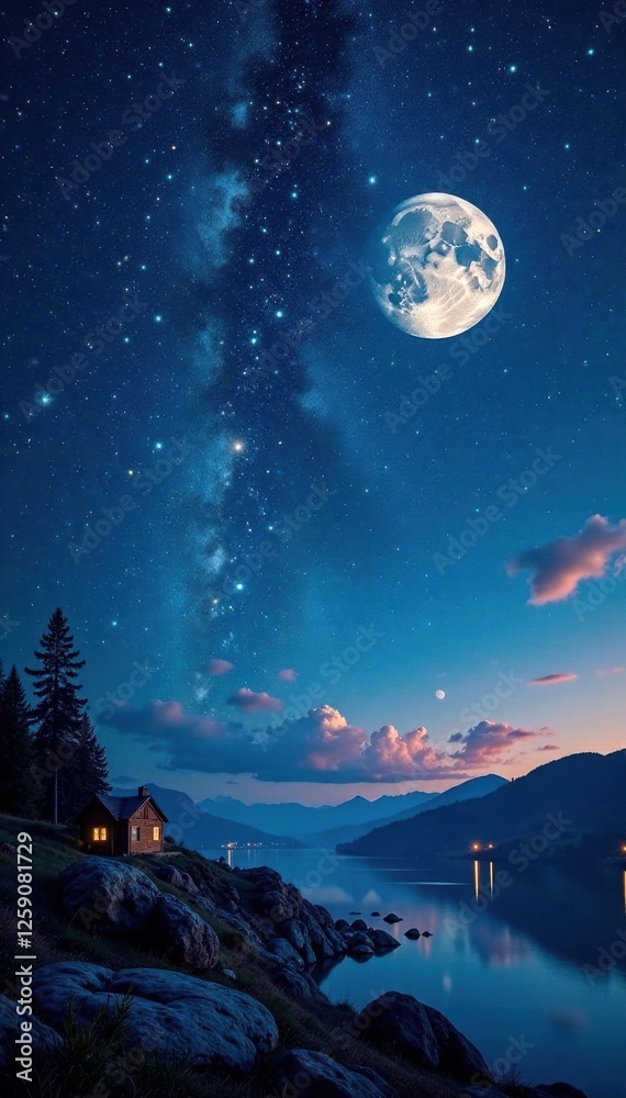 Celestial canvas with twinkling stars and a silvery moon , universe, stars, space Celestial canvas with twinkling stars and a silvery moon , universe, stars, space