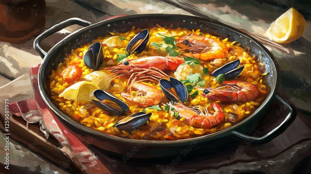 Traditional Spanish paella with seafood and saffron. Featuring a vibrant and aromatic dish. Highlighting the texture and flavors of the paella. Ideal for food and cultural themes. Traditional Spanish paella with seafood and saffron. Featuring a vibrant and aromatic dish. Highlighting the texture and flavors of the paella. Ideal for food and cultural themes.